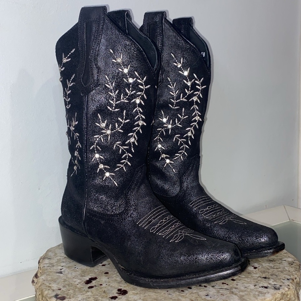 J.B. Dillon Black Leather Embroidered Rhinestone Snip Toe Western Boots 5.5 B